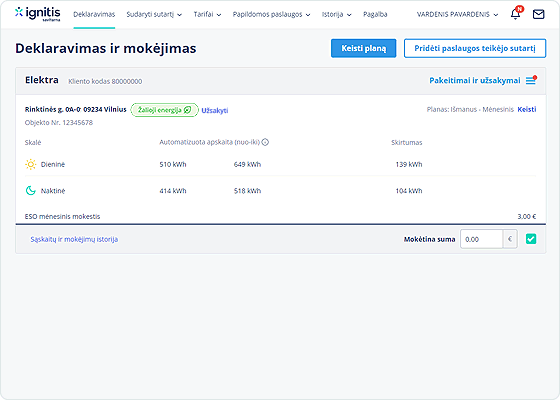 Savitarnos ekrano nuotrauka užsakant žaliają energiją