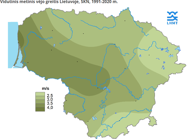 Vidutinis metinis vėjo greitis Lietuvoje 1991-2020 m.