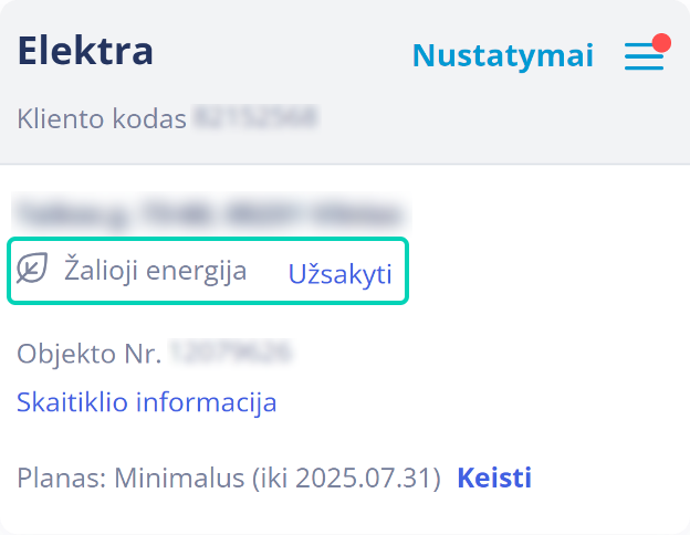 Savitarnos ekrano nuotrauka užsakant žaliają energiją