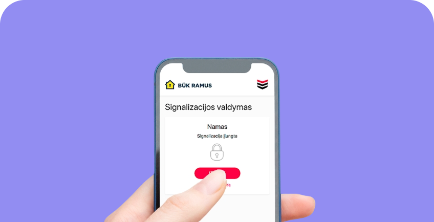 Mobilaus telefono ekrane pavaizduota ekskomisarų biuro mobili programėlė.